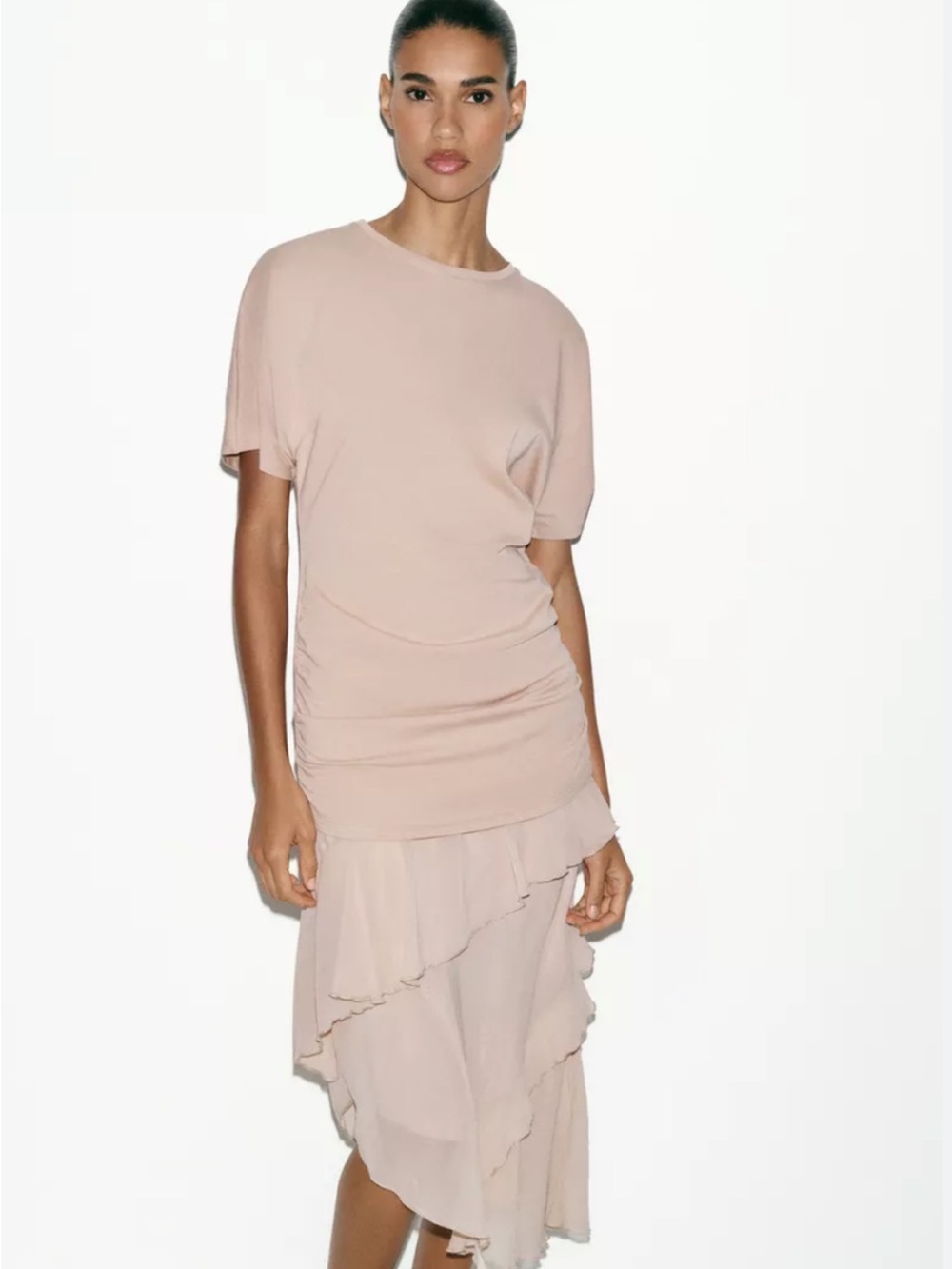 Zara Dusty Blush Short Sleeve Layered Hem Dress